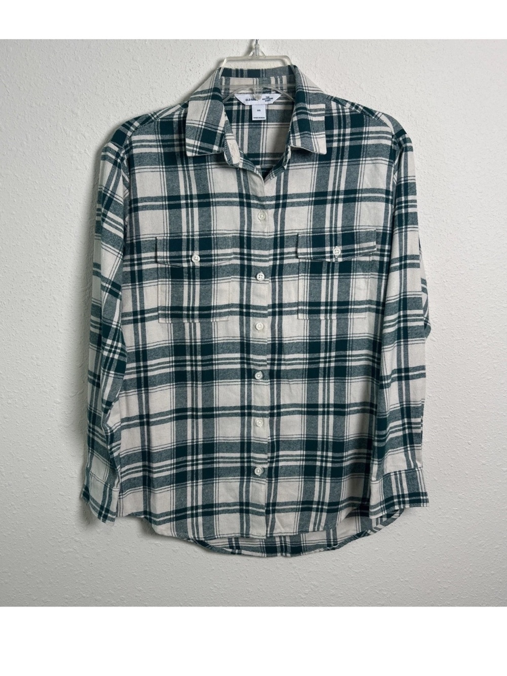 NWT Old Navy Boyfriend Green White Plaid Cotton Flannel Shirt Women’s XS Relaxed